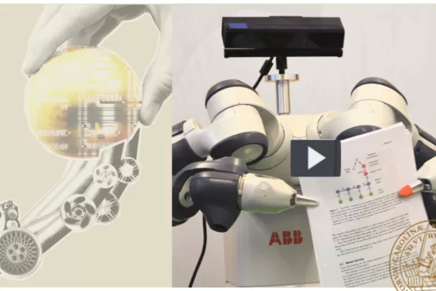 Picture. To the left there's a robot hand receiving an apple from a human hand. To the right is a picture of a robot holding a piece of paper.