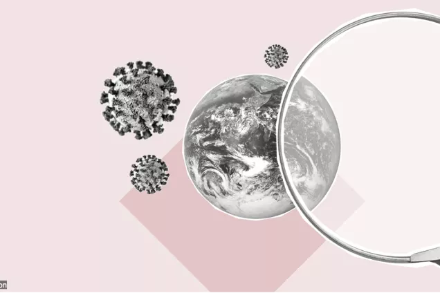 Picture. Pictures of the earth and covid-particles seen through a magnifying glass.