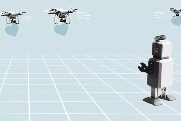 Illustration. Robot controlling drones delivering hearts.