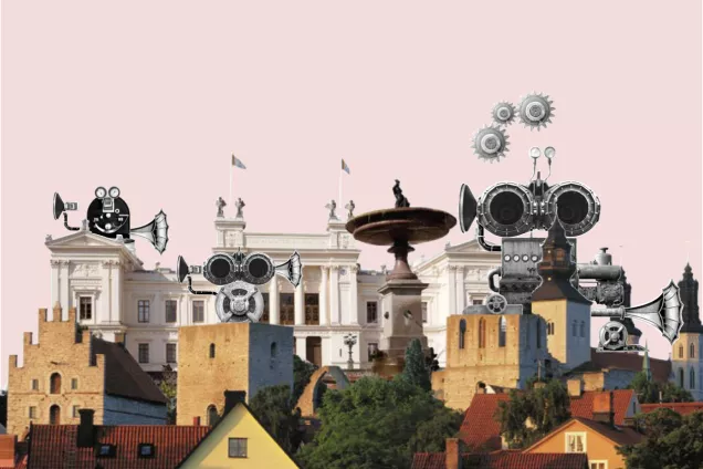 AI Lund i Almedalen 2022 blue.png Illustration. Lund University and cute AI Lund robots in Almedalen Visby.
