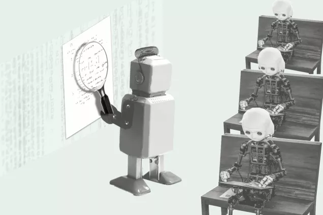 Illustration. Robot students using AI to solve exams that is graded by a robot teacher.