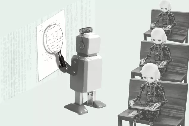 2024-03-06.png Illustration. Robot students using AI to solve exams that is graded by a robot teacher.