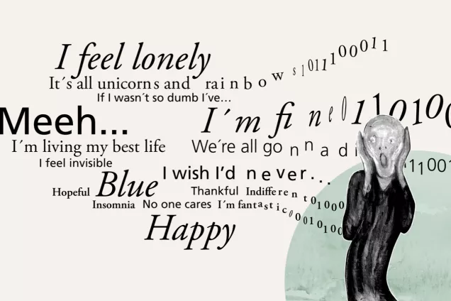 2025-02-26.png Illustration. Words flouting around a person not feeling well. Catrin Jacobsson, Lund University by