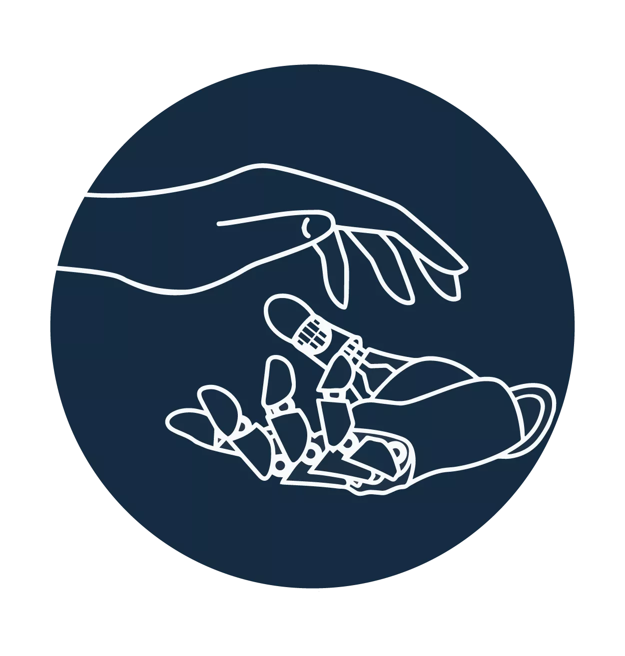 Hub AI logo. A human hand and a robot hand are reaching towards each other. Illustration. 