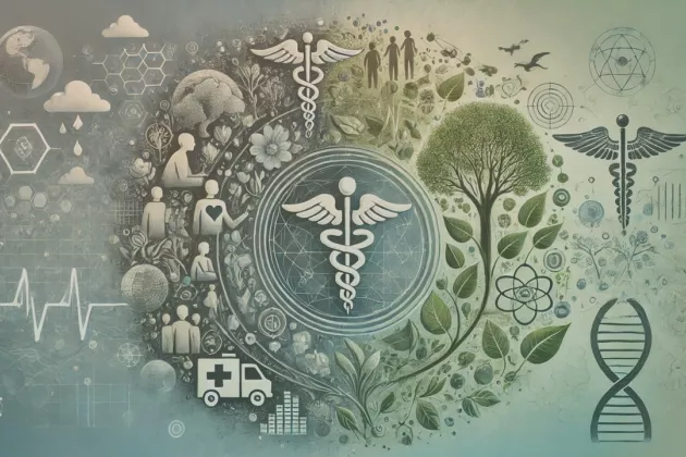 a collage of medicine, life, environmental and data science graphics