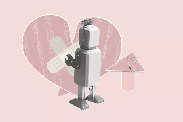 Illustration. Robot doctor puts a Band-Aid on a broken heart.